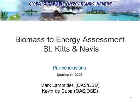 1 Biomass to Energy Assessment St. Kitts & Nevis Mark Lambrides (OAS/DSD) Kevin de Cuba (OAS/DSD) Pre-conclusions December, 2006.