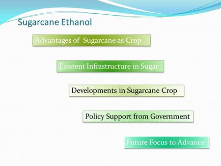 Sugarcane Ethanol Advantages of Sugarcane as Crop Existent Infrastructure in Sugar Developments in Sugarcane Crop Policy Support from Government Future.