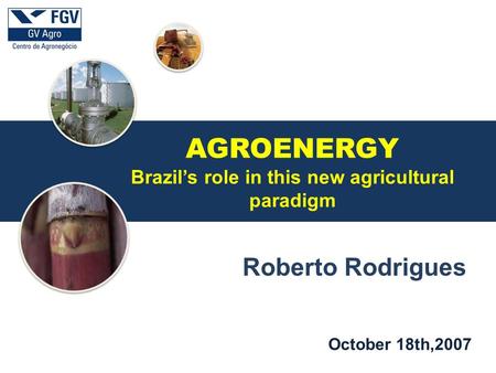 A October 18th,2007 Roberto Rodrigues AGROENERGY Brazil’s role in this new agricultural paradigm.