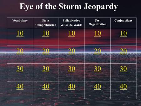Eye of the Storm Jeopardy VocabularyStory Comprehension Syllabication & Guide Words Text Organization Conjunctions 10 20 30 40.