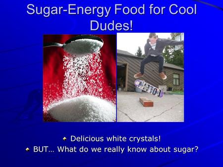 Sugar-Energy Food for Cool Dudes! Delicious white crystals! BUT… What do we really know about sugar?