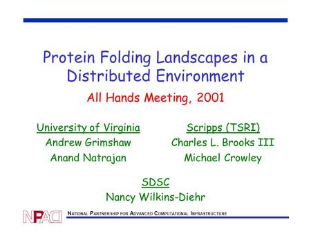 N ATIONAL P ARTNERSHIP FOR A DVANCED C OMPUTATIONAL I NFRASTRUCTURE Protein Folding Landscapes in a Distributed Environment All Hands Meeting, 2001 University.