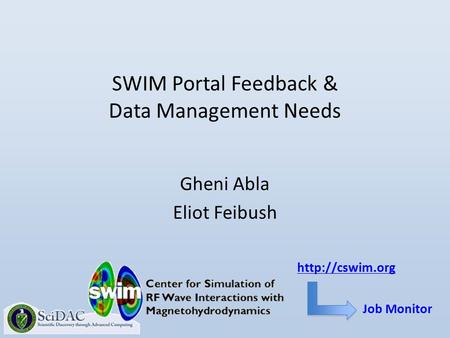 SWIM Portal Feedback & Data Management Needs Gheni Abla Eliot Feibush  Job Monitor.