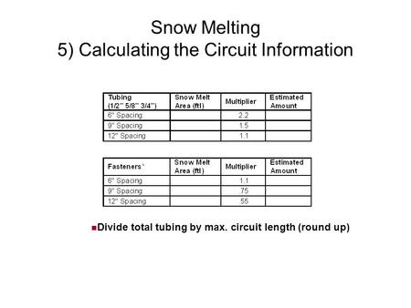 Snow Melting 5) Calculating the Circuit Information Divide total tubing by max. circuit length (round up)