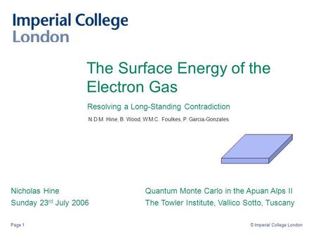 © Imperial College LondonPage 1 The Surface Energy of the Electron Gas Nicholas Hine Sunday 23 rd July 2006 Quantum Monte Carlo in the Apuan Alps II The.