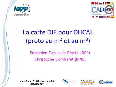 Julie Prast, DHCAL Meeting, 24 janvier 2008 La carte DIF pour DHCAL (proto au m 2 et au m 3 ) Sebastien Cap, Julie Prast ( LAPP) Christophe Combaret (IPNL)