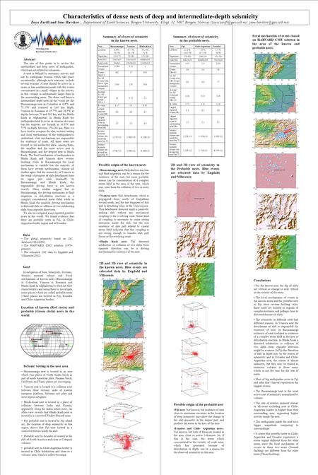 Characteristics of dense nests of deep and intermediate-depth seismicity Zoya Zarifi and Jens Havskov, Department of Earth Sciences, Bergen University,