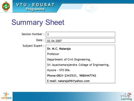 Summary Sheet Session Number : 3 Date : Subject Expert :