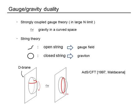 Gauge/gravity duality ・ Strongly coupled gauge theory ( in large N limit ) ・ String theory gravity in a curved space AdS/CFT [1997, Maldacena] D-brane.