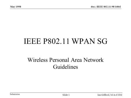 Doc.: IEEE 802.11-98/160r2 Submission May 1998 Ian Gifford, M/A-COMSlide 1 IEEE P802.11 WPAN SG Wireless Personal Area Network Guidelines.