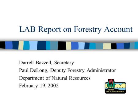 LAB Report on Forestry Account Darrell Bazzell, Secretary Paul DeLong, Deputy Forestry Administrator Department of Natural Resources February 19, 2002.