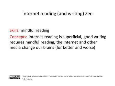 Skills: mindful reading Concepts: Internet reading is superficial, good writing requires mindful reading, the Internet and other media change our brains.
