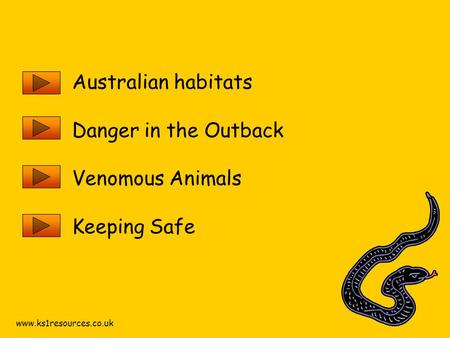 Www.ks1resources.co.uk Australian habitats Danger in the Outback Venomous Animals Keeping Safe.