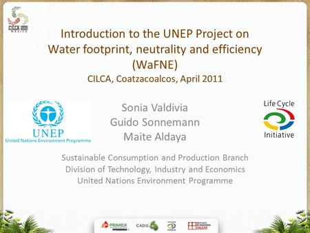 Introduction to the UNEP Project on Water footprint, neutrality and efficiency (WaFNE) CILCA, Coatzacoalcos, April 2011 Sonia Valdivia Guido Sonnemann.