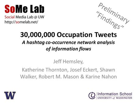 30,000,000 Occupation Tweets A hashtag co-occurrence network analysis of information flows Jeff Hemsley, Katherine Thornton, Josef Eckert, Shawn Walker,