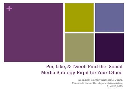 + Pin, Like, & Tweet: Find the Social Media Strategy Right for Your Office Ellen Hatfield, University of MN Duluth Minnesota Career Development Association.