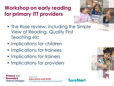Workshop on early reading for primary ITT providers The Rose review, including the Simple View of Reading, Quality First Teaching etc Implications for.