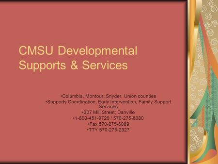 CMSU Developmental Supports & Services Columbia, Montour, Snyder, Union counties Supports Coordination, Early Intervention, Family Support Services 307.