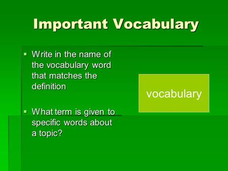 Important Vocabulary  Write in the name of the vocabulary word that matches the definition  What term is given to specific words about a topic? vocabulary.