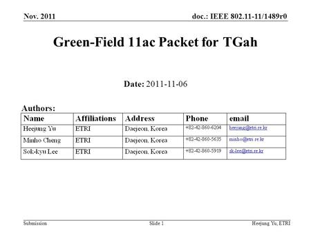 Doc.: IEEE 802.11-11/1489r0 Submission Nov. 2011 Heejung Yu, ETRISlide 1 Green-Field 11ac Packet for TGah Date: 2011-11-06 Authors:
