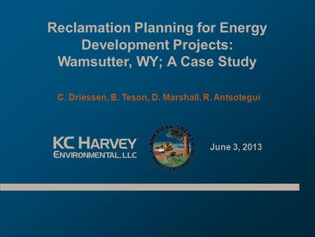 Reclamation Planning for Energy Development Projects: Wamsutter, WY; A Case Study C. Driessen, B. Teson, D. Marshall, R. Antsotegui June 3, 2013.