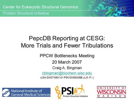 PepcDB Reporting at CESG: More Trials and Fewer Tribulations PPCW Bottlenecks Meeting 20 March 2007 Craig A. Bingman (U54 GM074901-01.