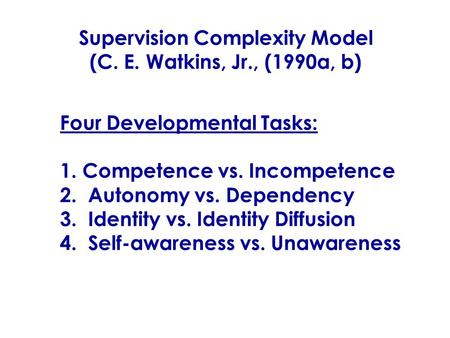 Supervision Complexity Model (C. E. Watkins, Jr., (1990a, b) Supervision Complexity Model (C. E. Watkins, Jr., (1990a, b) Four Developmental Tasks: 1.