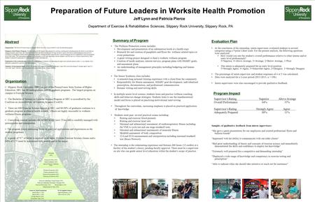 Preparation of Future Leaders in Worksite Health Promotion Jeff Lynn and Patricia Pierce The Wellness Promotion course includes: Development and presentation.