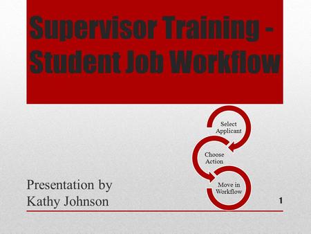 Supervisor Training - Student Job Workflow Presentation by Kathy Johnson Select Applicant Choose Action Move in Workflow 1.