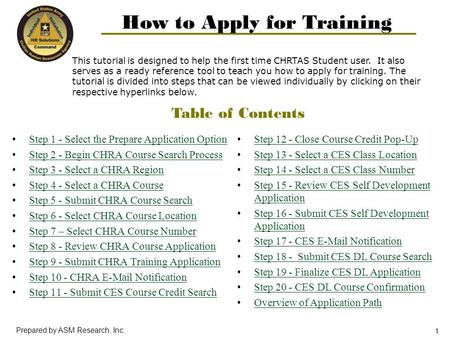 1 Prepared by ASM Research, Inc. This tutorial is designed to help the first time CHRTAS Student user. It also serves as a ready reference tool to teach.