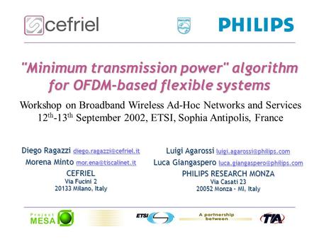 © 2002 - Diego Ragazzi Minimum transmission power algorithm for OFDM-based flexible systems Diego Ragazzi