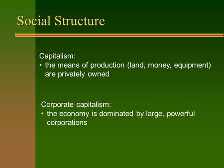 Social Structure Capitalism: the means of production (land, money, equipment) are privately owned Corporate capitalism: the economy is dominated by large,