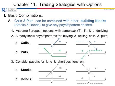 © Paul Koch 1-1 Chapter 11. Trading Strategies with Options I. Basic Combinations. A. Calls & Puts can be combined with other building blocks (Stocks &