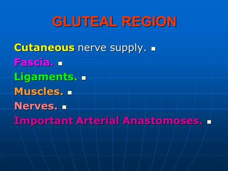 GLUTEAL REGION Cutaneous nerve supply. Fascia. Ligaments. Muscles.