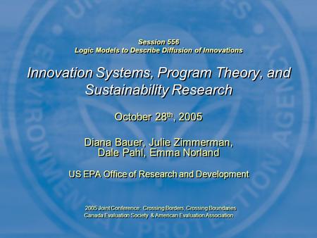 Session 556 Logic Models to Describe Diffusion of Innovations Innovation Systems, Program Theory, and Sustainability Research October 28 th, 2005 Diana.