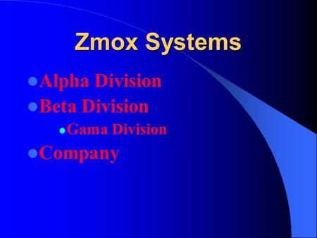 Zmox Systems Alpha Division Beta Division Gama Division Company.