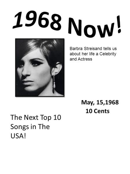 Barbra Streisand tells us about her life a Celebrity and Actress The Next Top 10 Songs in The USA! May, 15,1968 10 Cents.