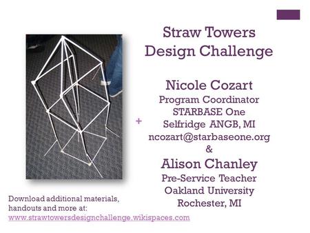 + Straw Towers Design Challenge Nicole Cozart Program Coordinator STARBASE One Selfridge ANGB, MI & Alison Chanley Pre-Service.
