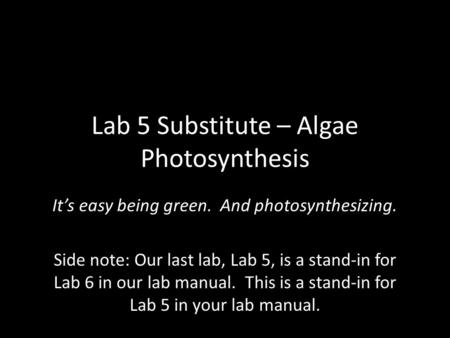 Lab 5 Substitute – Algae Photosynthesis It’s easy being green. And photosynthesizing. Side note: Our last lab, Lab 5, is a stand-in for Lab 6 in our lab.