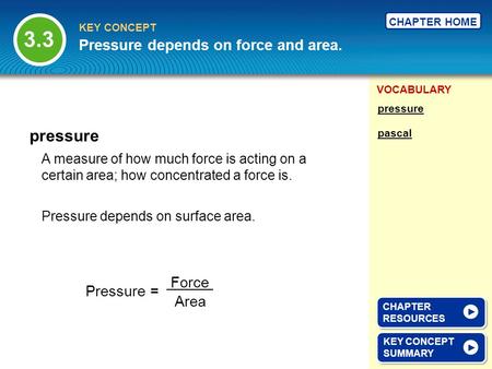 3.3 pressure Pressure depends on force and area. Force Pressure = Area