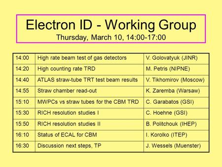 Electron ID - Working Group Thursday, March 10, 14:00-17:00 14:00High rate beam test of gas detectorsV. Golovatyuk (JINR) 14:20High counting rate TRDM.