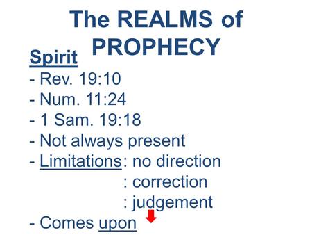 The REALMS of PROPHECY Spirit - Rev. 19:10 - Num. 11:24 - 1 Sam. 19:18 - Not always present - Limitations: no direction : correction : judgement - Comes.