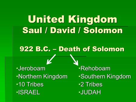 United Kingdom Saul / David / Solomon United Kingdom Saul / David / Solomon JeroboamJeroboam Northern KingdomNorthern Kingdom 10 Tribes10 Tribes ISRAELISRAEL.