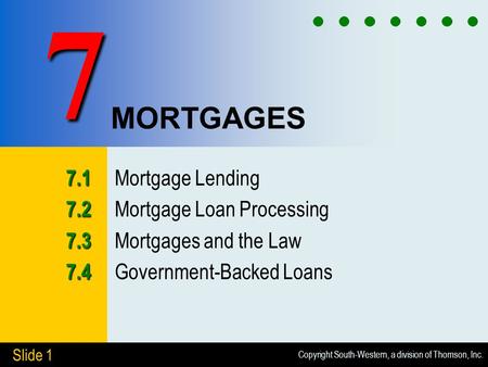 Copyright South-Western, a division of Thomson, Inc. Slide 1 MORTGAGES 7.1 7.1 Mortgage Lending 7.2 7.2 Mortgage Loan Processing 7.3 7.3 Mortgages and.