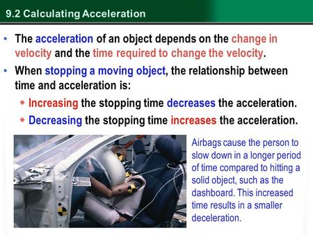 Airbags cause the person to slow down in a longer period of time compared to hitting a solid object, such as the dashboard. This increased time results.