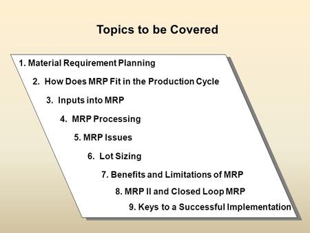 Topics to be Covered 1. Material Requirement Planning