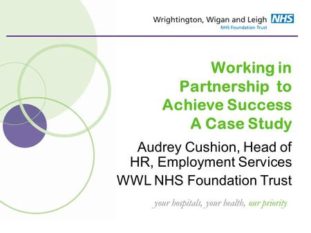 Your hospitals, your health, our priority Working in Partnership to Achieve Success A Case Study Audrey Cushion, Head of HR, Employment Services WWL NHS.