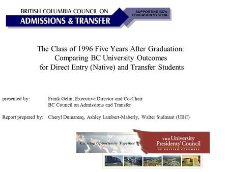 The Class of 1996 Five Years After Graduation: Comparing BC University Outcomes for Direct Entry (Native) and Transfer Students presented by: Frank Gelin,