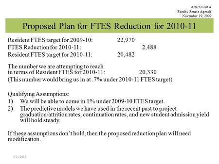 Proposed Plan for FTES Reduction for 2010-11 Resident FTES target for 2009-10: 22,970 FTES Reduction for 2010-11: 2,488 Resident FTES target for 2010-11: