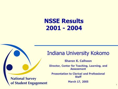1 NSSE Results 2001 - 2004 Indiana University Kokomo Sharon K. Calhoon Director, Center for Teaching, Learning, and Assessment Presentation to Clerical.